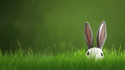Cheerful Easter-themed composition with cartoonish bunny ears peeking through vivid green grass, hyper-realistic rendering with soft lighting and film grain texture for greeting card designs or digita