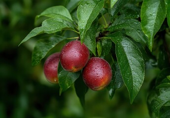 Obraz premium Fresh Red Plums with Raindrops Hanging on Green Leaves in a Lush Garden Setting on a Bright and Cozy Summer Day