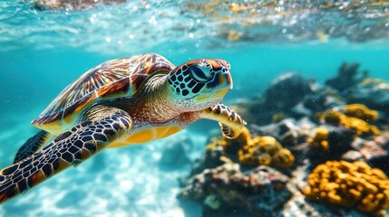 Majestic Sea Turtle Gracefully Navigating Coral Reef