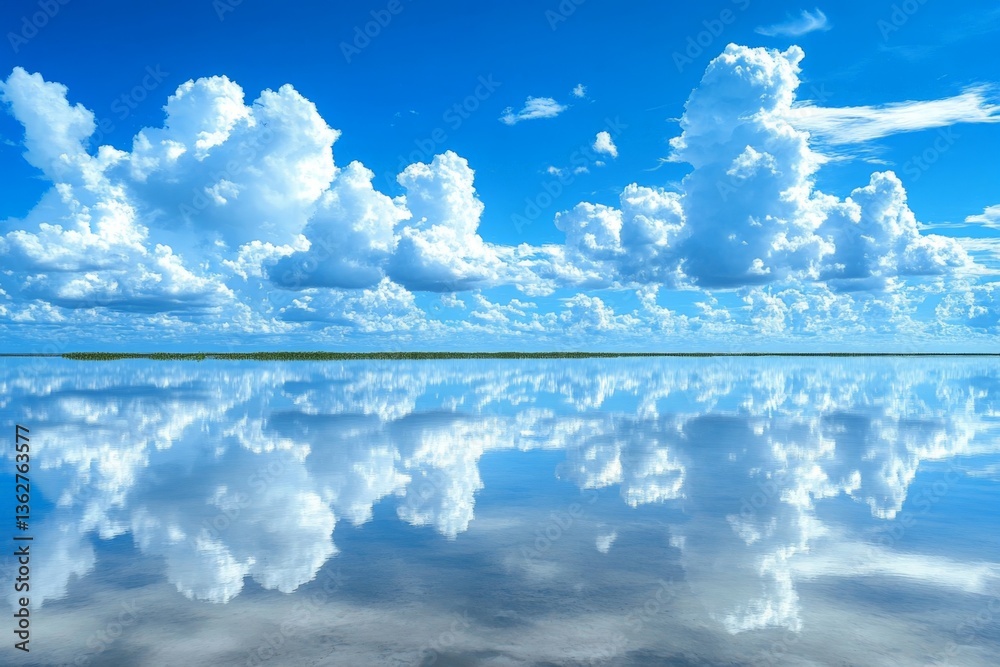 Aufkleber expansive blue sky with fluffy clouds reflected in tranquil water during daytime