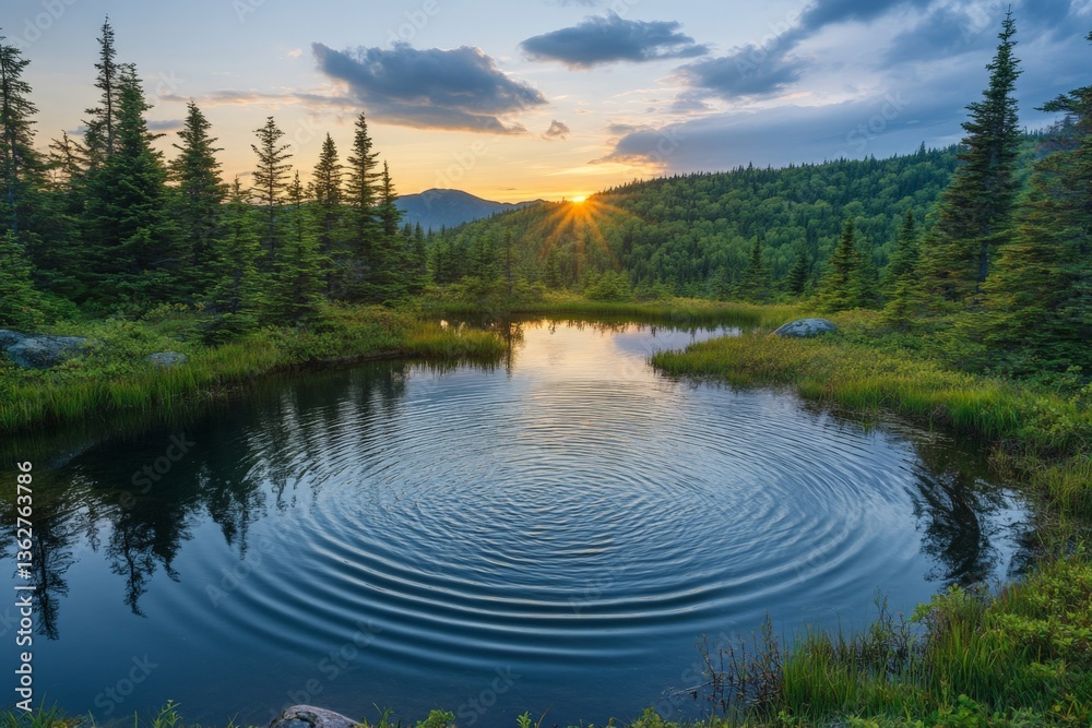 Poster Sunset over tranquil pond with ripples and dense forest in the background creating a peaceful evening atmosphere