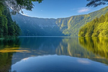 Fototapeta premium Tranquil lake reflecting mountains and trees in the early morning light
