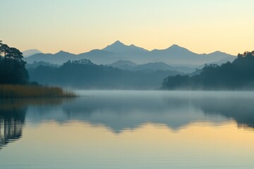 Fototapeta premium Misty sunrise over tranquil lake with distant mountains in the background reflecting in calm waters