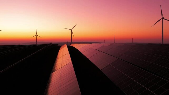 Green energy reduce carbon emissions and makes earth cleaner and more ecological.Clean and environmental.Photovoltaic power station and wind turbines at sunset.Windmill turbines generating energy.