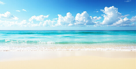 Fototapeta premium Scenic tropical beach landscape with gentle turquoise waves meeting soft golden sand under a bright blue sky with fluffy clouds. Peaceful summer background. Ai generative