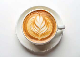 Creamy Latte Art: Close-Up Top View of White Coffee Cup with Foam, Perfect for Cappuccino or Latte - Stock Photo