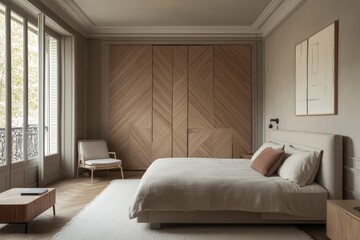 Modern bedroom with herringbone wood doors, neutral tones, and large windows.