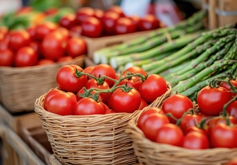 Fresh Tomatoes and Green Asparagus in Baskets at a Farmers Market Surrounded by Vibrant Vegetables and Fruits Awaiting Customers