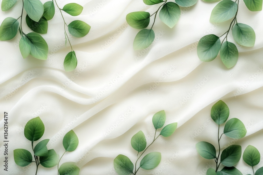 Poster layered green leaves arranged on a smooth white fabric background for a serene and elegant decoratio