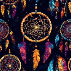 Fototapeta premium Inspirational boho dreamcatchers seamless. Colorful dreamcatchers with vibrant feathers.