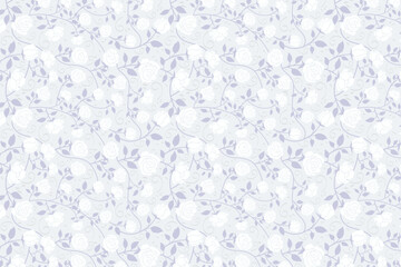 Seamless floral pattern with delicate white roses and soft gray leaves on a pastel background, ideal for textiles, wallpaper, and decor.