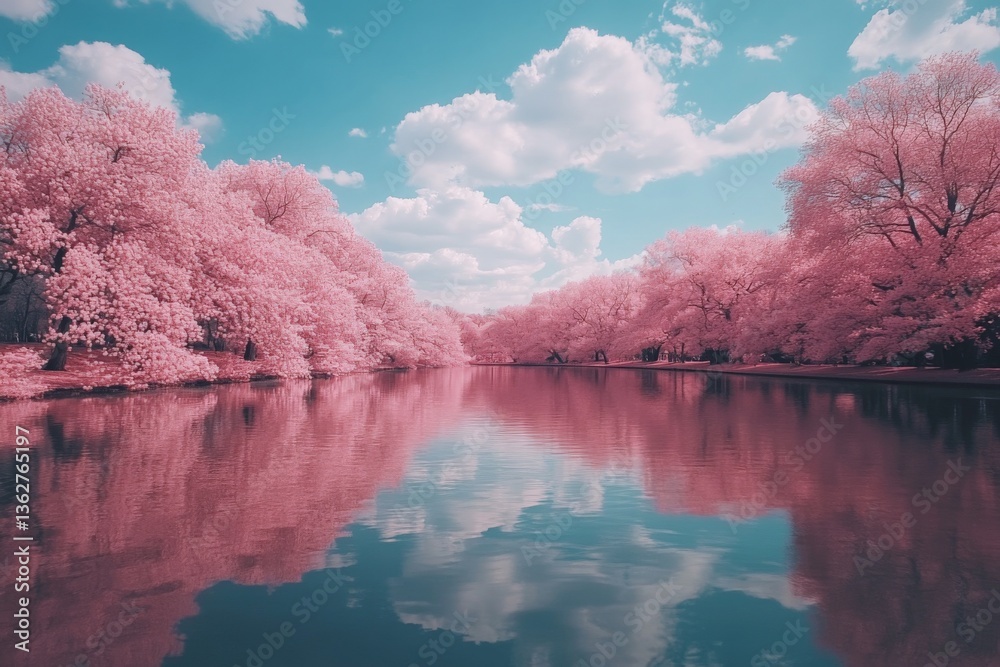 Aufkleber cherry blossom trees reflect beautifully in serene water under a bright sky during springtime in a t