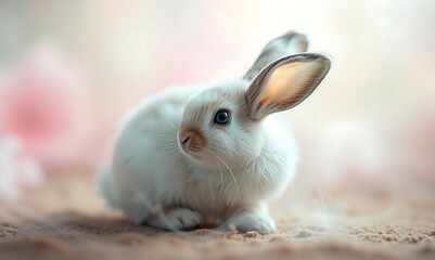 Obraz premium Beautiful White Bunny Resting on a Warm Pastel Surface, Adorable Rabbit with Soft Fur and Large Ears Looking Curious, Ideal for Easter, Wildlife, and Nature-Themed Stock Photos 