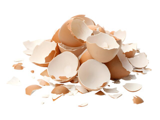 Pile of broken and whole eggshells scattered, isolated on transparent background