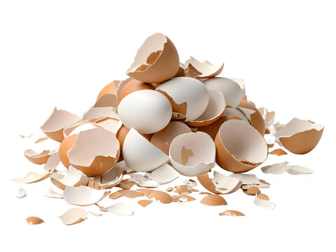 Pile of broken and whole eggshells scattered, isolated on transparent background
