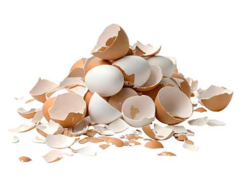 Pile of broken and whole eggshells scattered, isolated on transparent background
