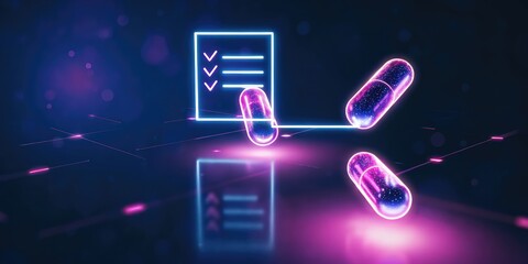 Biotech Ethics Regulation. Futuristic depiction of capsules with a checklist in a vibrant, digital environment.