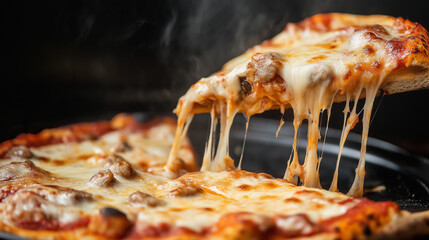 Deep dish pizza with gooey cheese and fresh ingredients homemade cooking at local pizzerias