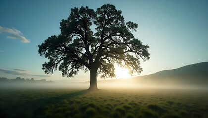 Fototapeta premium a single oak tree standing in a foggy field at sunrise on a hill