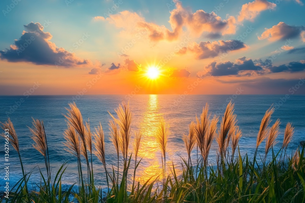Poster sunset over the ocean with tall grass swaying gently on a coastal cliff during twilight