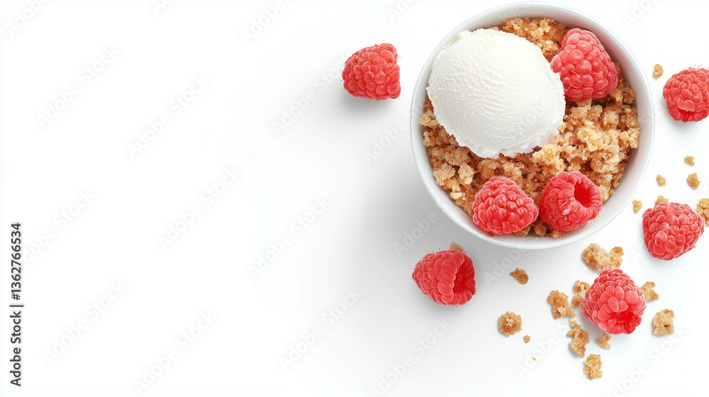 Poster delicious raspberry crumble dessert with ice cream on white background