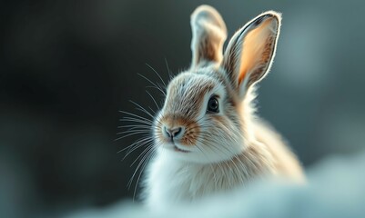 Fototapeta premium Fluffy White Bunny Sitting on a Cozy Pastel Background, Cute Rabbit with Gentle Eyes and Large Ears Looking Curious, Perfect for Easter, Pets, and Nature Stock Photos 