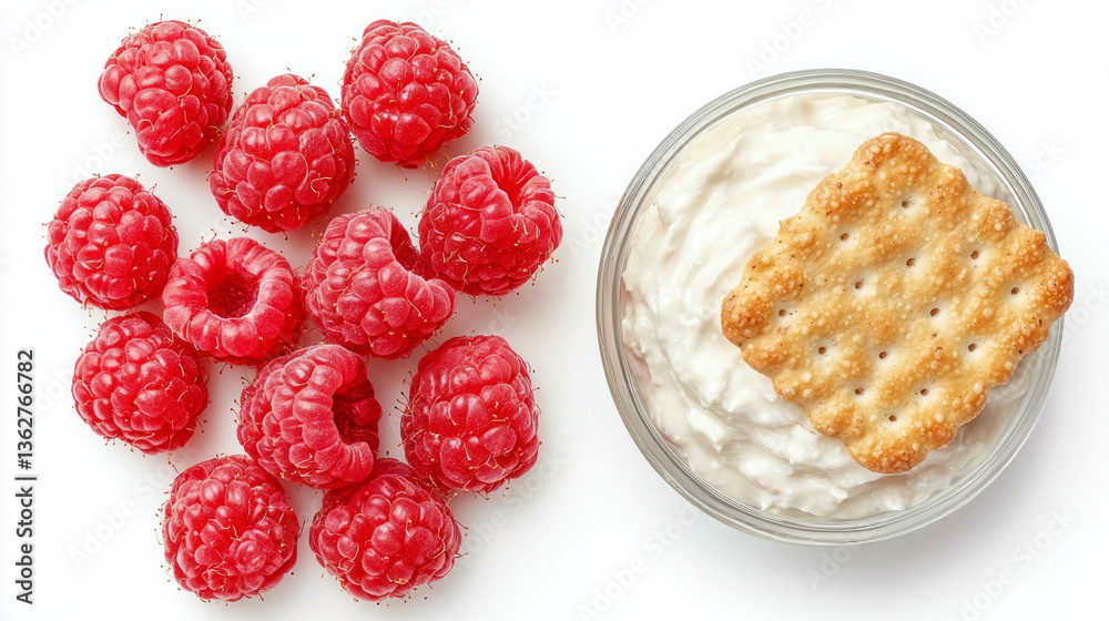 Poster fresh raspberries with cream cheese dip and cracker arrangement for snack inspiration