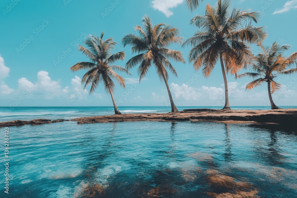 Aufkleber tropical palm trees reflecting in calm ocean water under a blue sky with fluffy clouds