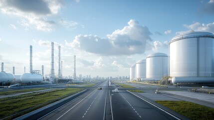 Aerial view of a large scale industrial refinery facility with multiple pipelines storage tanks and other energy production infrastructure surrounded by a grassy landscape
