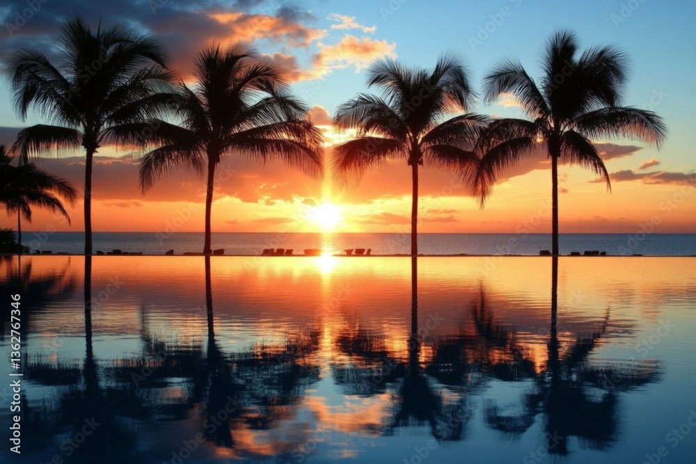 Poster Sunset over a tranquil pool with palm trees reflecting in the water at a serene beach location