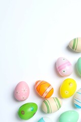 Happy Easter. Colorful eggs on white background, space for text or advertising