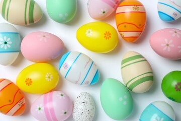 Happy Easter. Colorful eggs on white background, space for text or advertising