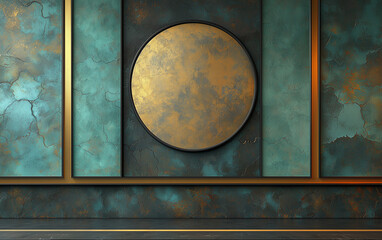 Abstract Teal and Gold Wall with Circle and Rectangular Panels