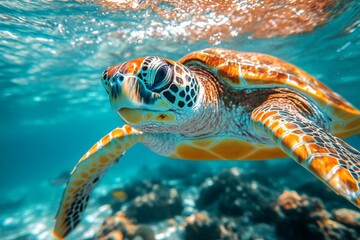 Fototapeta premium Colorful sea turtle swimming gracefully through clear blue ocean waters near coral reef