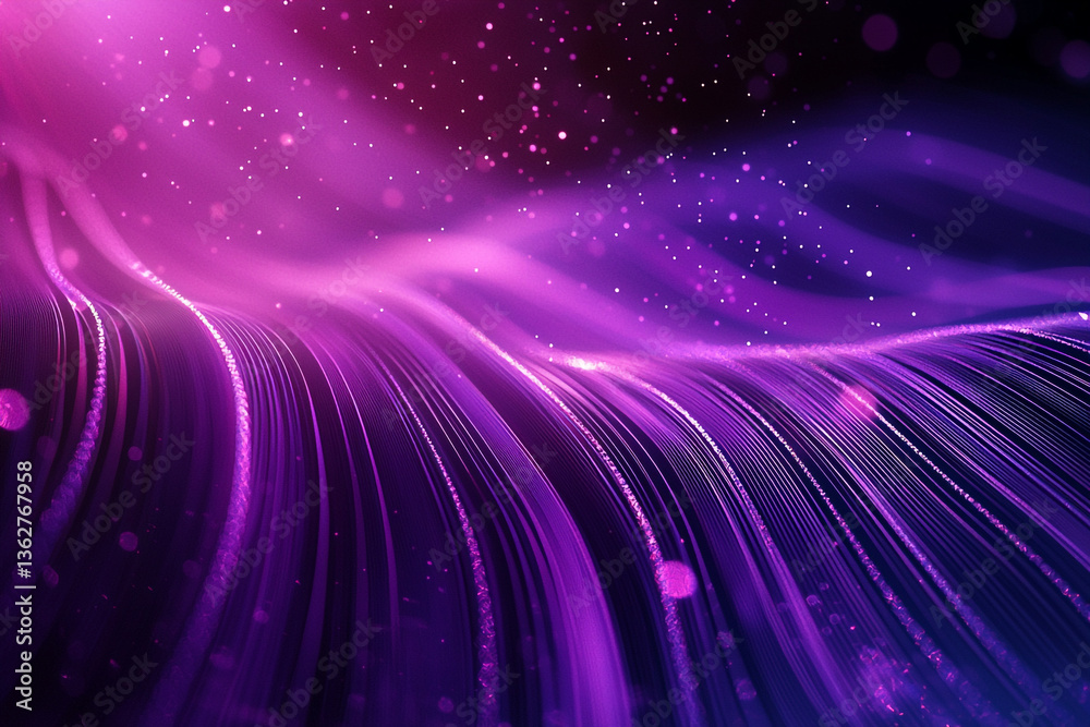Poster abstract purple and pink flowing lines with bokeh and particles in a dark background design element