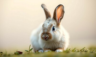 Fototapeta premium Soft White Baby Bunny with Big Brown Ears Sitting on a Warm Cozy Surface, Cute Fluffy Rabbit Looking Curious, Perfect for Easter, Springtime, and Wildlife Photography 