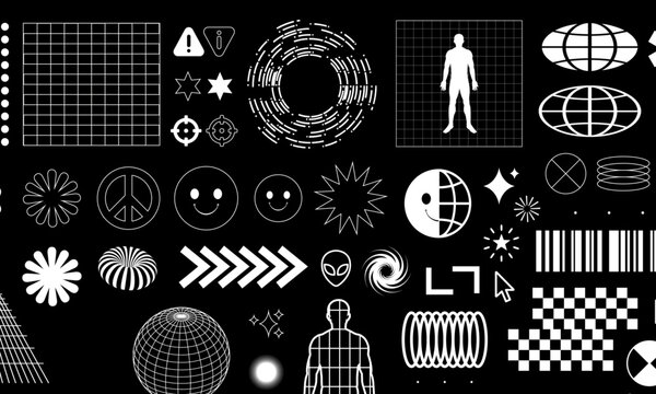 Collection of new retro futuristic elements for design. 3d shapes, wireframes, cyberpunk and, brutalist, y2k acid elements
