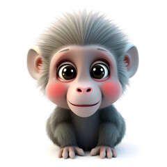 Obraz premium Baboon – 3D baby baboon, tiny fluffy mane, round chubby cheeks, big expressive eyes, pastel gray and turquoise tones, white background Generative AI