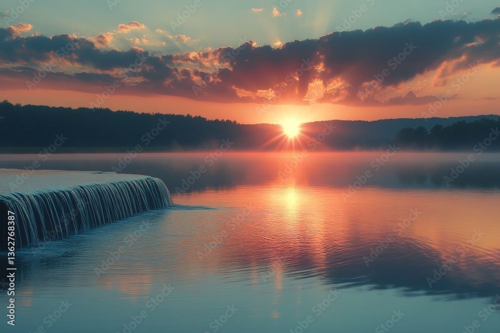 Aufkleber sunset over tranquil waters with cascading waterfall and colorful skies in serene landscape
