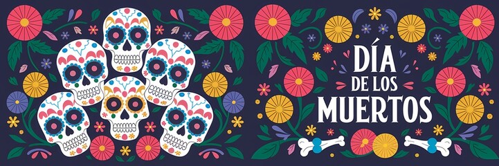 D&iacute;a de los Muertos celebration with a vibrant dark background featuring multiple colorful skulls in pink blue and orange decorated with flowers bones and festive elements with text on the right side