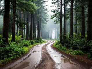 Obraz premium Lush green forest with a winding muddy road reflecting water puddles. Tall pine trees surround the misty background, creating a peaceful landscape. Ai generative