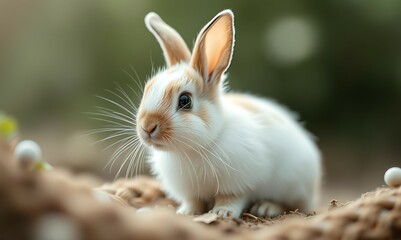 Fototapeta premium Adorable White Rabbit Sitting on a Soft Pastel Surface, Close-Up of a Fluffy Bunny with Gentle Eyes and Brown-Tipped Ears, Perfect for Easter, Pets, and Wildlife Themes 