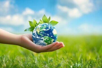 Hands gently cradle planet Earth with green leaves, symbolizing environmental protection against a blue sky.