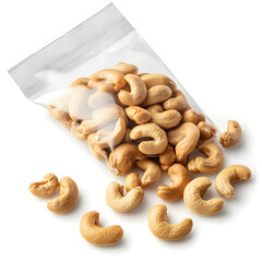 Stylish resealable bag of roasted cashews spills its delicious contents showcasing scattered cashew nuts on a pristine white backdrop, perfect for snacks