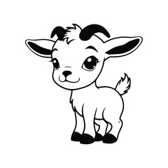 A black and white vector silhouette of a lonely baby goat with sad eyes and a hunched posture on a white background