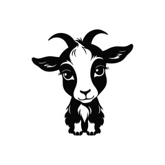 A simple black and white vector silhouette of a sad baby goat looking downward with a sorrowful expression on a clean white background