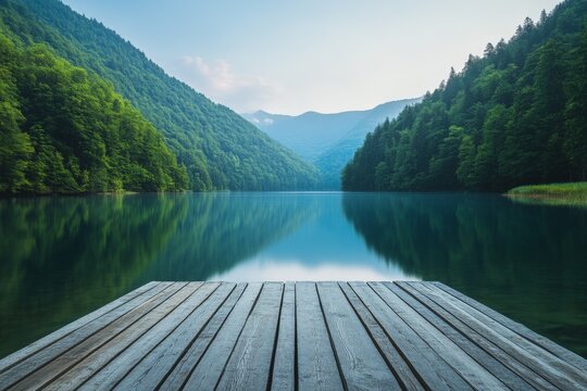 Peaceful lake view surrounded by mountains and greenery in the early morning light at a tranquil location