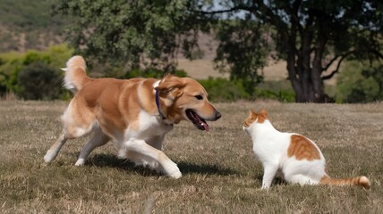 Playful Companions: Golden Retriever and Cat in a Lush Green Field