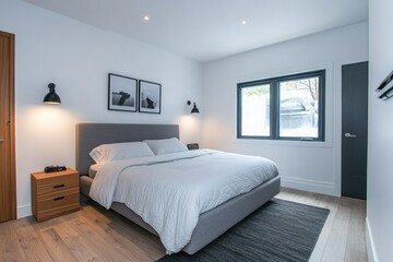 Modern bedroom with king bed, gray bedding, wood floors, and large windows.