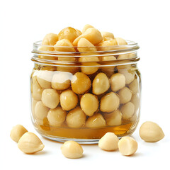 Close-up of a glass jar brimming with shiny honey-glazed macadamia nuts surrounded by scattered nuts on a bright white background for food lovers